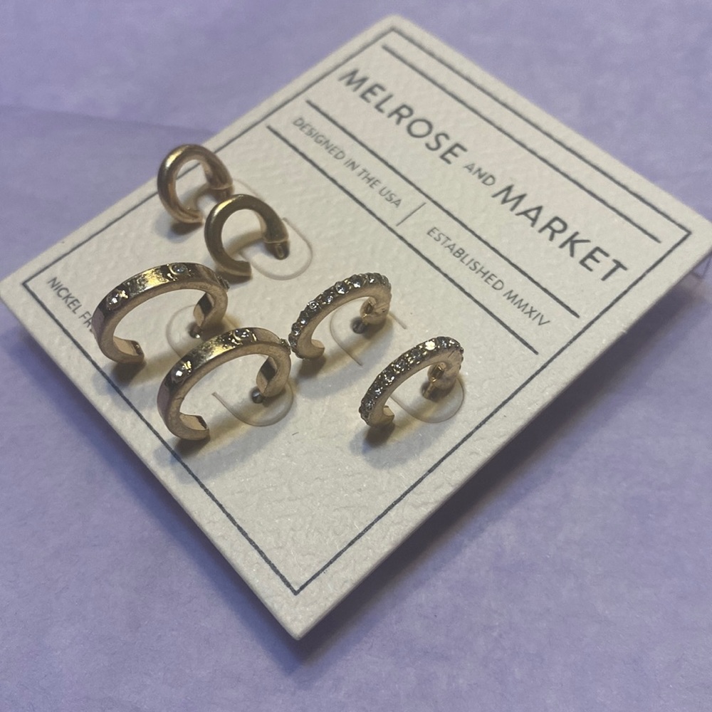 NWT Melrose & Market 3 pair Small Hoop Earrings. Gold tone.